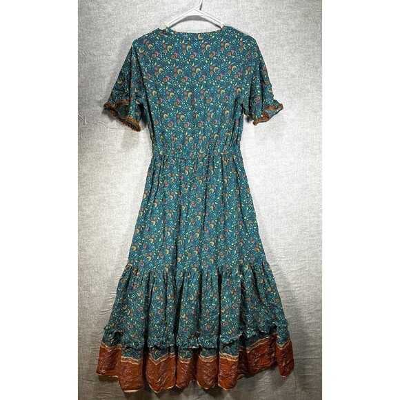 R. Vivimos Dress Womens Medium 8/10 Floral V Neck Short Sleeve Midi - Picture 7 of 7